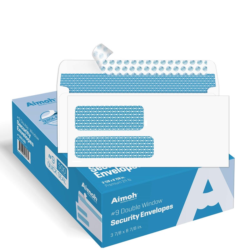 Aimoh 500#9 Double Window SELF Seal Security Envelopes - for Invoices, Statements & Documents, Security Tinted - Size 3-7/8 x 8-7/8-24 LB - 500 Count (30139) - Image 1